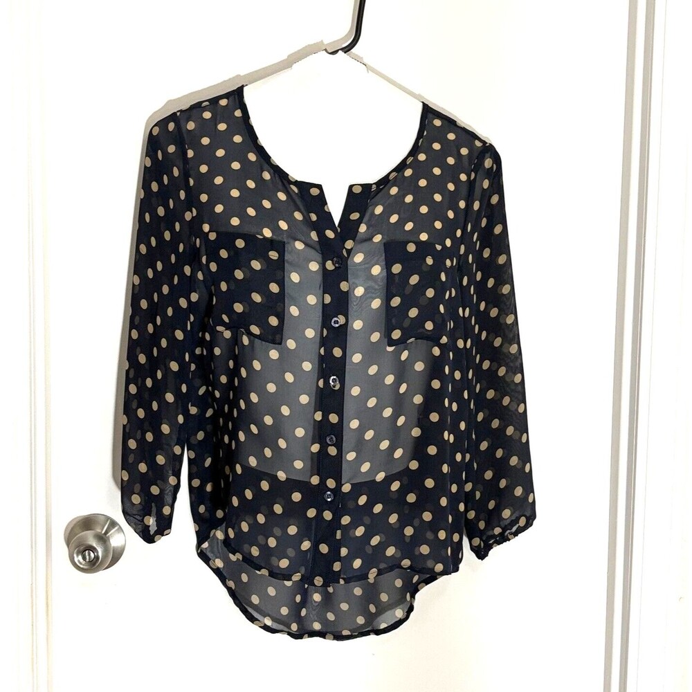Womens Small Sheer Navy & Cream Polka Dot Blouse Moon Collection